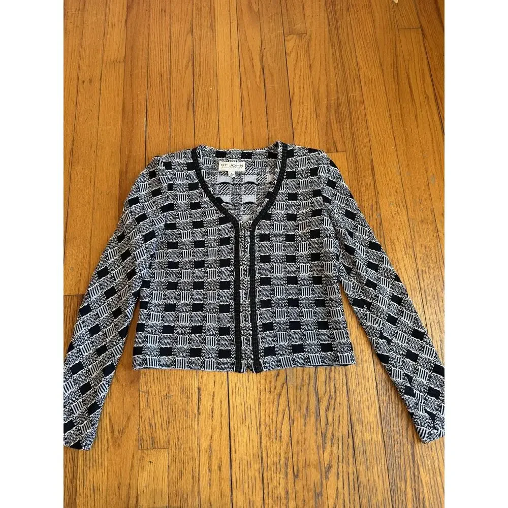 St. John Collection Sweater Womens 2 Black White Check Knit Full Zip Jacket